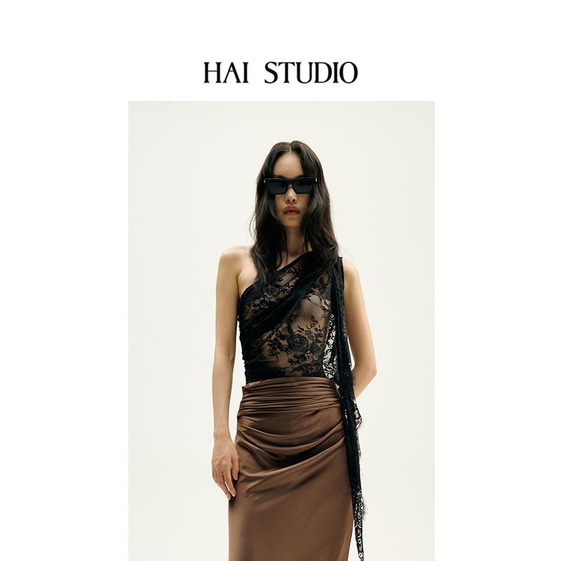 25春夏女黑蕾丝单肩上衣飘带背心