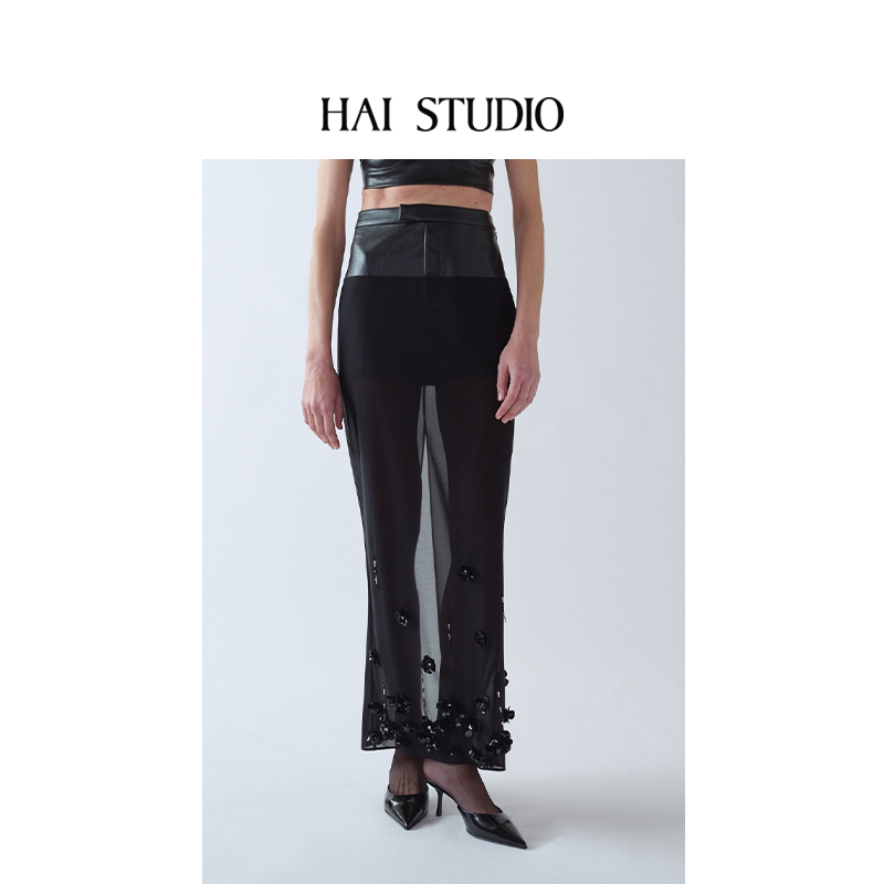 黑色环保皮拼纱亮片半裙