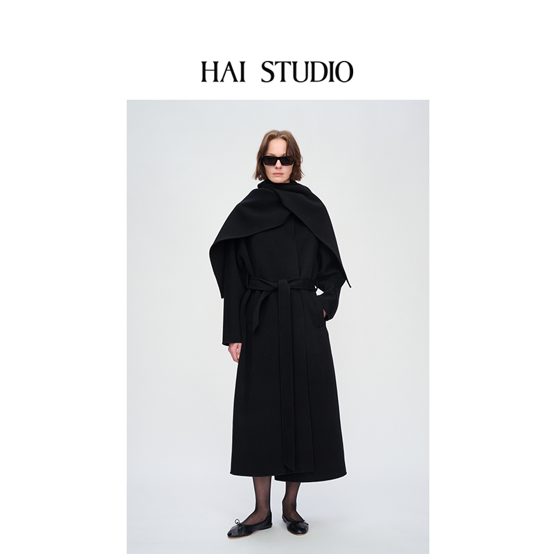 HAI STUDIO2025秋冬新品 黑色围巾领羊绒大衣 羊绒长外套