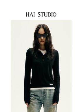 HAI STUDIO春夏女士黑色红色羊绒针织衫 拼接毛衣羊绒衫毛衣上衣