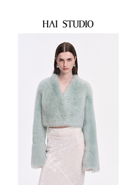 HAI STUDIO秋冬女士青绿色短款皮毛一体外套 皮草短大衣皮衣