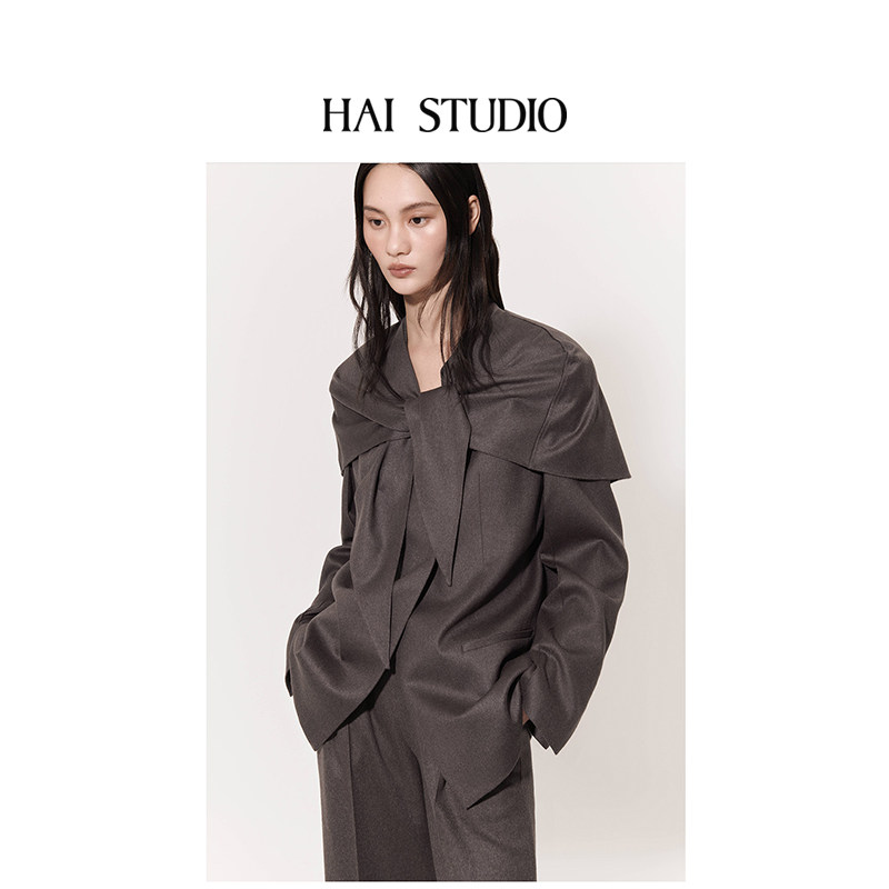 HAI STUDIO秋冬羊绒围巾领西装 披肩外套坎肩假两件羊毛外套大衣