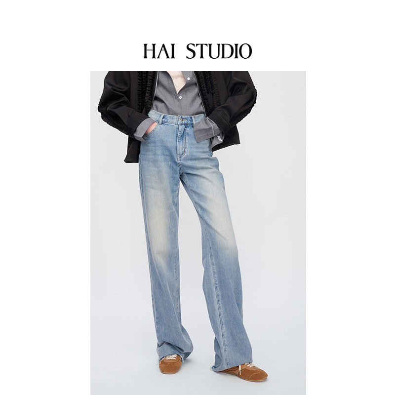 修身牛仔裤磨白休闲微喇叭长裤