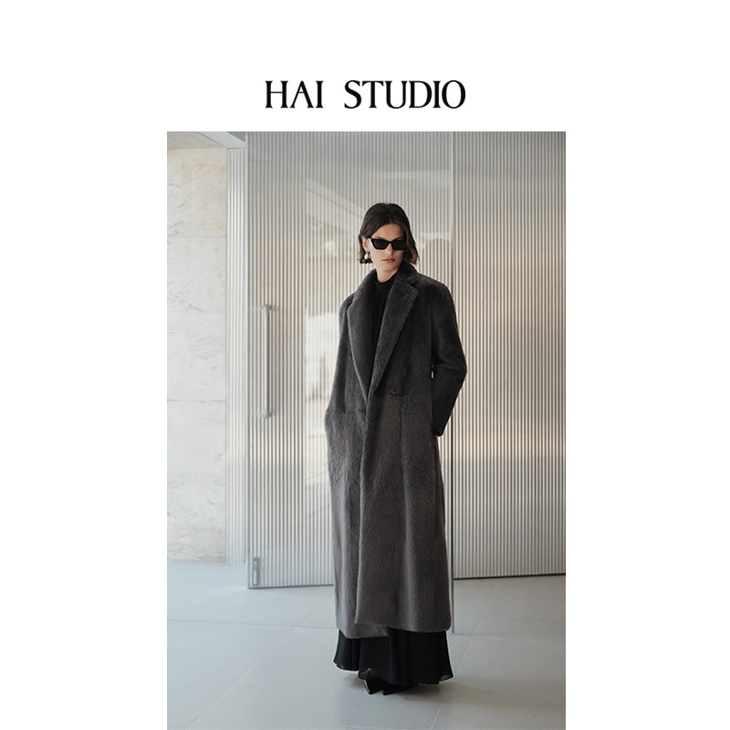 HAI STUDIO25秋冬长款拉贡皮毛一体西班牙进口小羔羊皮草外套