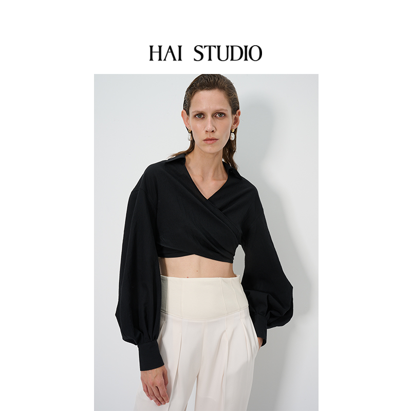 春夏黑色小众设计交叉短上衣