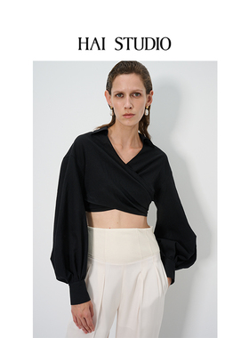 HAI STUDIO春夏女交叉短上衣 黑色气质百搭灯笼袖廓形小众设计感