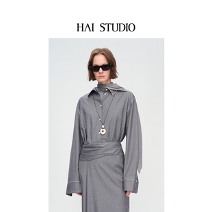 简约长袖 女士灰色羊毛撞色衬衫 上衣 STUDIO2025秋冬新品 HAI