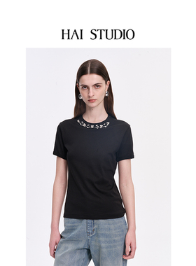 HAI STUDIO 秋冬 女士黑色手工钻饰短袖T恤 修身显瘦上衣