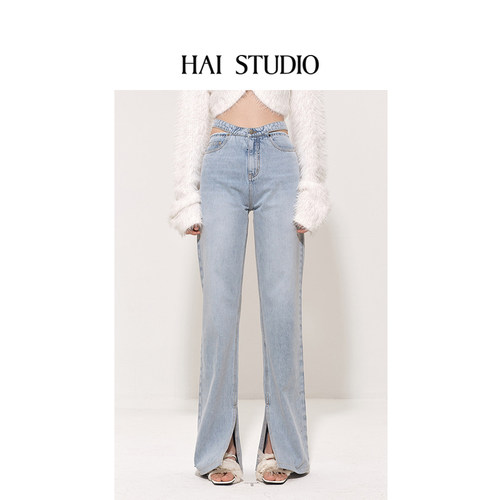 HAI STUDIO秋冬女牛仔镂空腰修身长裤设计感侧开衩微喇水洗牛仔裤