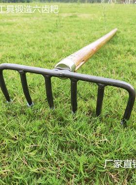 全钢木柄锻打六齿钉耙爪勾锻造耙子园林松土锄头园艺农业工具