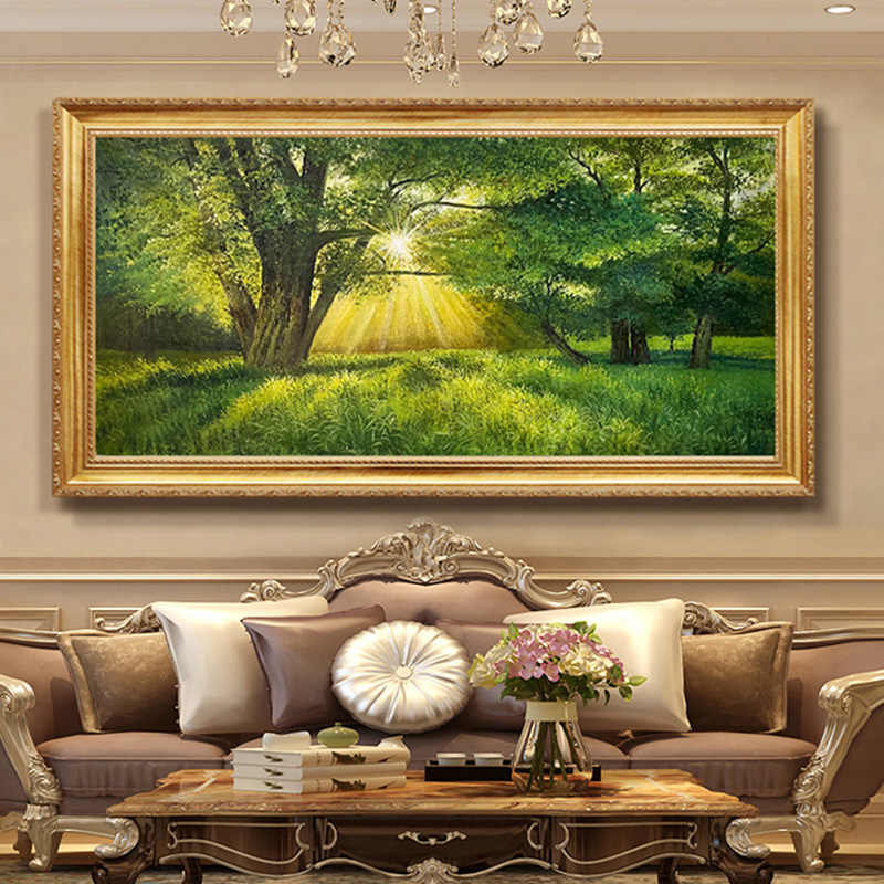 手绘森林风景油画客厅卧室装饰画挂画壁画大树树木树林清晨阳光图片