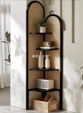 实木角柜客厅复古沙发墙边藤编置物架子中古卧室拐角三角柜收纳架