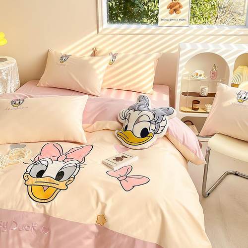 公主风纯棉床上四件套100全棉卡通绣花被套儿童床笠单三件套床品4