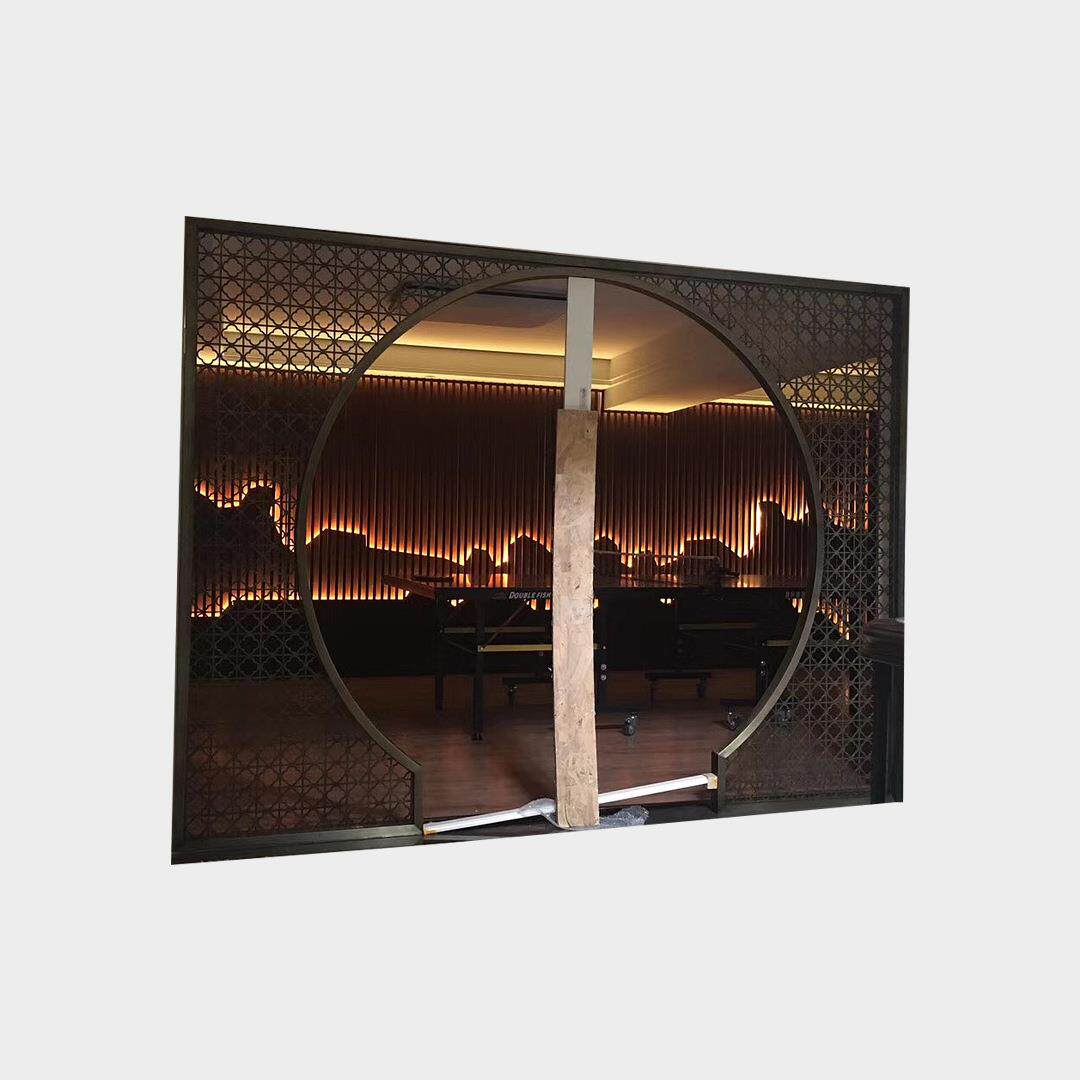 新中式月洞门不锈钢花格屏风隔断仿古月亮门镂空金属入户玄关装饰