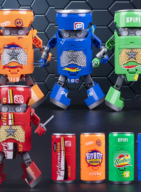 网红变形玩具儿童金刚汽水武士机甲战士易拉罐可乐饮料创意机器人