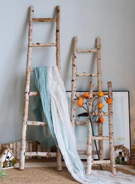 桦木装饰木梯子靠墙摆件拍摄道具橱窗展示花园庭院落地收纳整理架