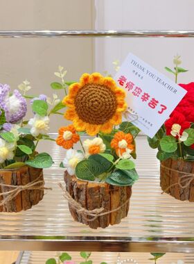 毕业季实用礼物手工编织毛线向日葵玫瑰花树桩盆栽摆件教师节礼物