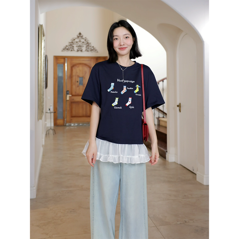 郭九九呢纯棉芭蕾风刺绣宽松显瘦短袖t恤夏季小众上衣阔腿牛仔裤