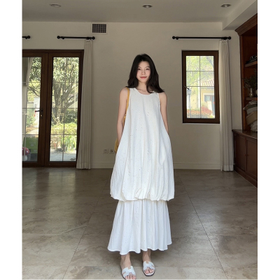 郭九九呢气质设计感假两件宽松显瘦彩点无袖连衣裙夏季度假风长裙