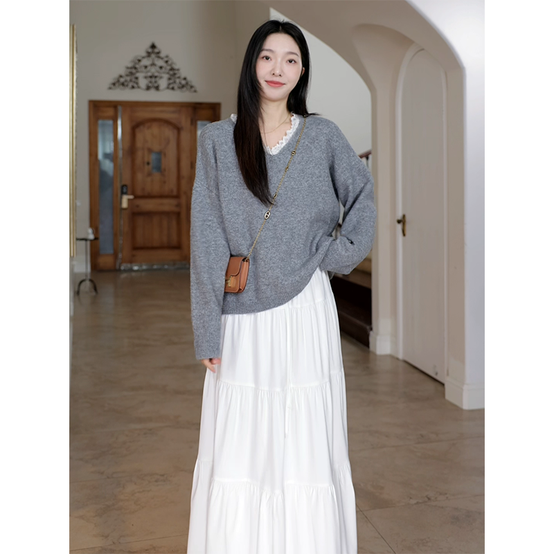 羊.毛温柔风气质蕾丝拼接v领宽松毛衣秋冬上衣蛋糕半裙