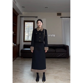 毛毛袖 郭九九呢民国财阀复古套装 女冬季 毛呢羽绒外套直筒半裙