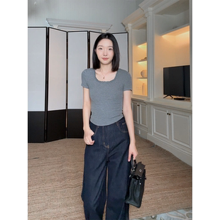 郭九九呢棉质纯欲风花边拼接U领正肩T恤女百搭上衣高腰阔腿牛仔裤
