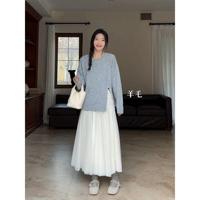 郭九九呢温柔氛围感套装女初春羊毛重工亮片珍珠毛衣加绒百搭半裙