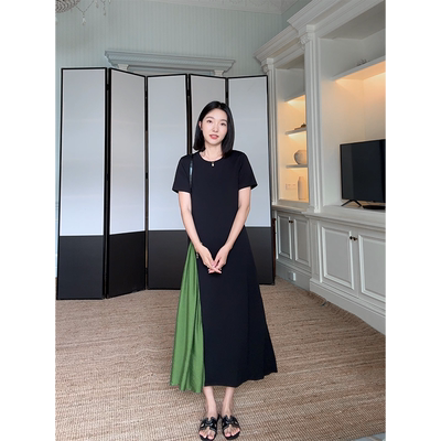 郭九九呢法式气质通勤设计感撞色拼接褶皱显瘦西装连衣裙长裙夏