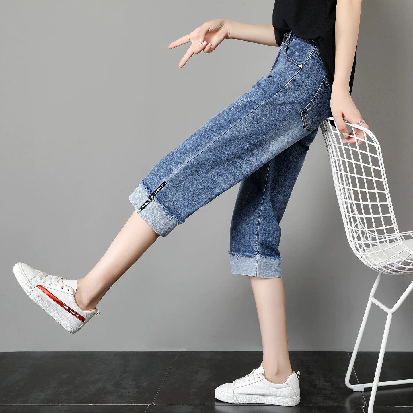 牛仔短裤女夏薄款直筒中裤七分裤图片