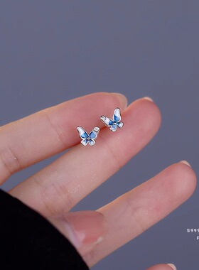 s999纯银蓝色蝴蝶耳钉女养耳洞耳饰足银简约小巧小清新可爱耳骨钉