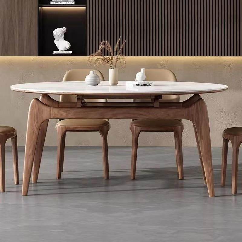 北欧简约岩板伸缩折叠实木餐桌椅组合家用原木风方变圆网红桌子