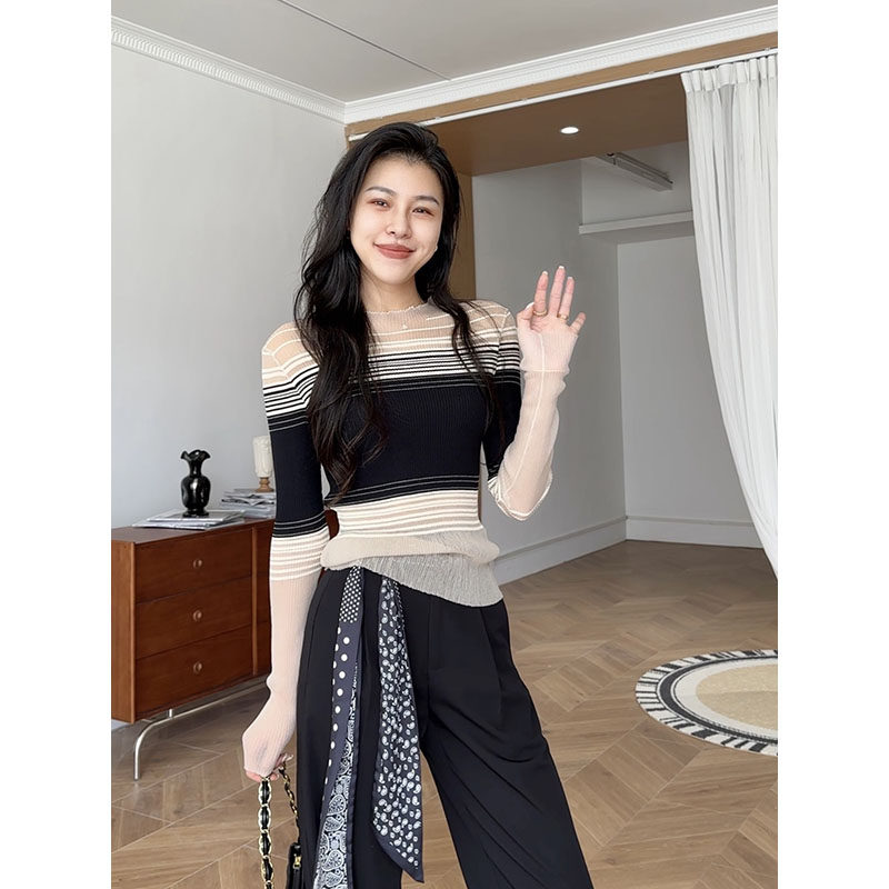 张阿星【柔雾简意】高弹撞色辣妹条纹拼接设计微透修身百搭上衣,女装/女士精品,毛针织衫,淘宝优惠券,粉丝福利购,淘宝优惠卷