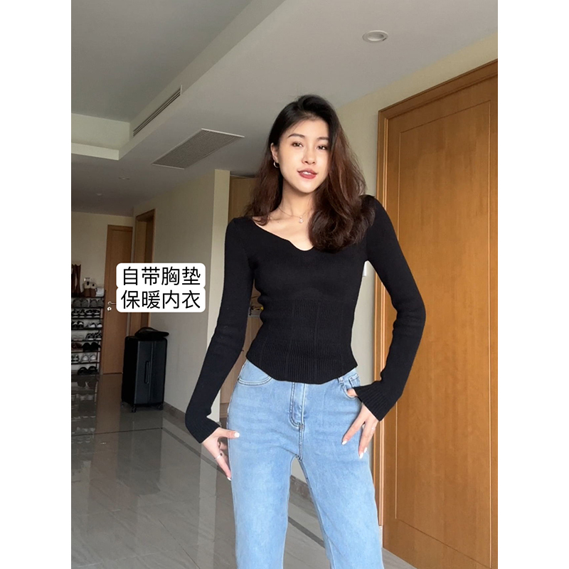 秋冬保暖磨毛加厚带胸垫打底