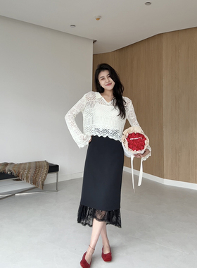 张阿星【迷人遐想】镂空钩花喇叭长袖遮肉宽松罩衫白色背心两件套