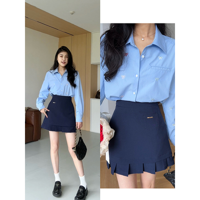 张阿星【蓝调时光】2024新款重工刺绣衬衫+藏青色拼接百褶A字半裙