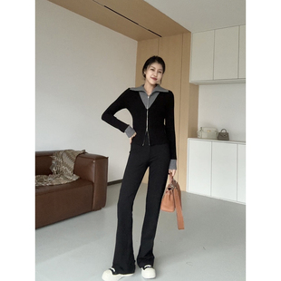 套装 张阿星 神裤 大翻领遮肉撞色针织衫 W423S10587 黑灰拼色