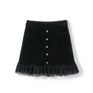 秋冬上新！H兔女装秋冬金属扣装饰网纱拼接半身裙直筒裙