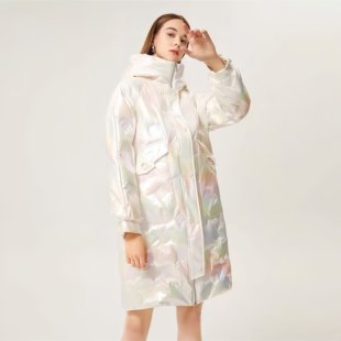 冬上新！S~L码 H兔家女款冬季白色亮面炫彩连帽长款羽绒服外套