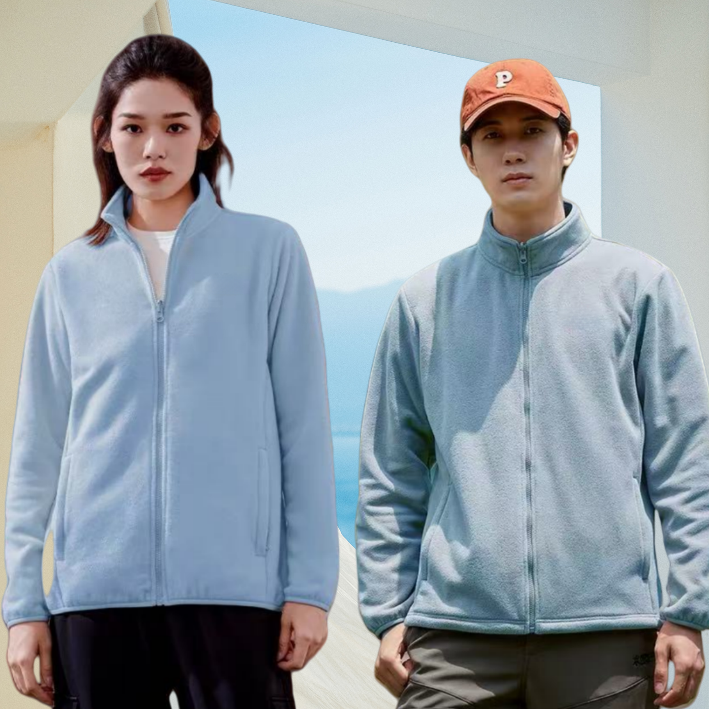 秋上新！tuo路男女款抓绒纯蓝色摇粒外套冲锋衣内胆户外休闲上衣