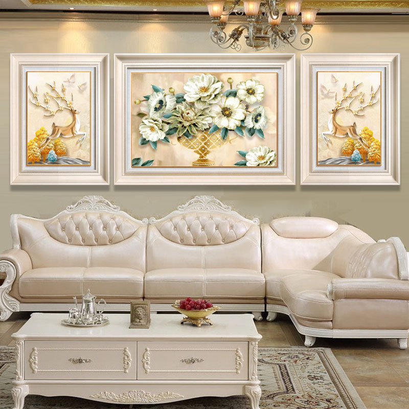 美式客厅装饰画孔雀三联画欧式沙发背景墙画餐厅壁画大气挂画图片