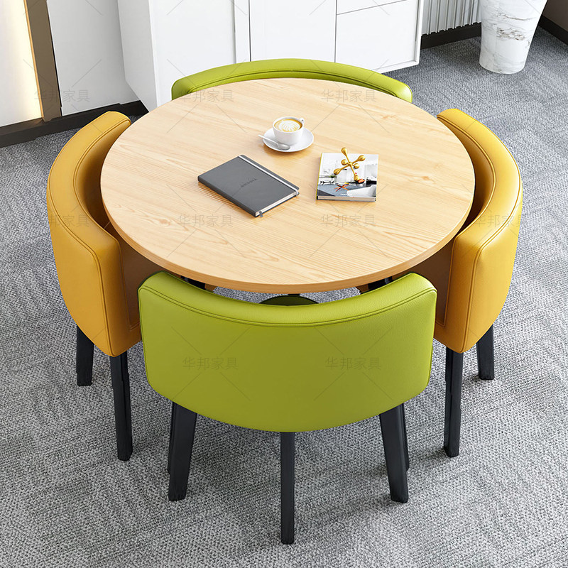 原木色休闲茶几圆桌四椅组合现代简约咖啡桌阳台休闲商用洽谈桌子