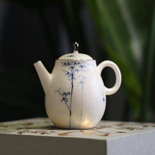 釉下彩纯手绘文竹描银边茶壶单盖碗泡茶杯青花白瓷家用茶人小品壶