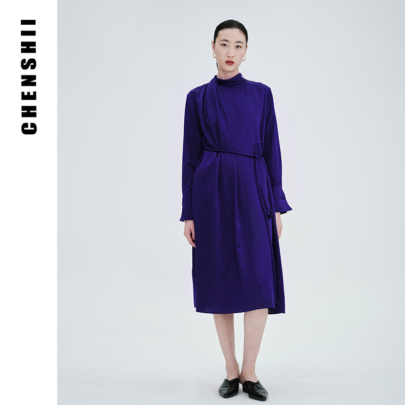 CHENSHII官方2025春季新款法式真丝混纺圆领长袖连衣裙女高级感