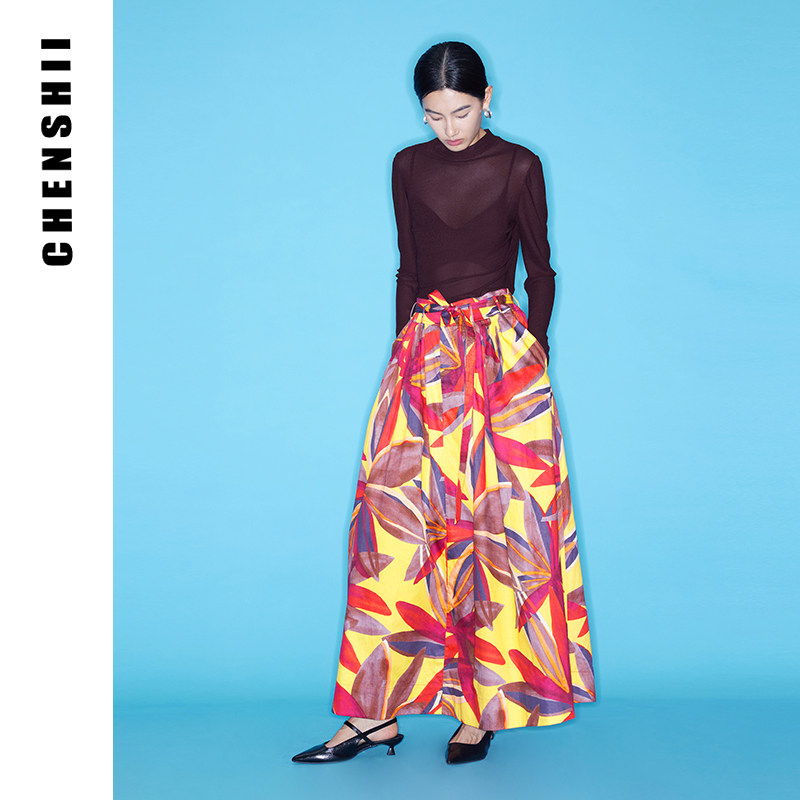 CHENSHII官方 2026春夏新款时尚宽腰叠褶阔摆半裙女长裙