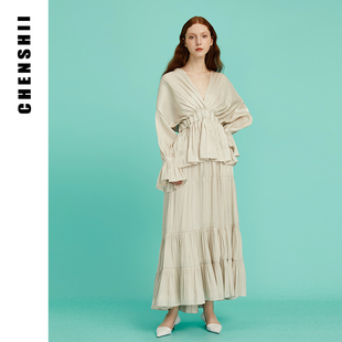 CHENSHII2026春季新款拼接半身裙水光感不规则褶皱下摆长款大码