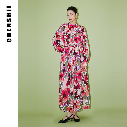 CHENSHII官方 秋季新款设计感立领蝴蝶袖衬衫长袖连衣裙