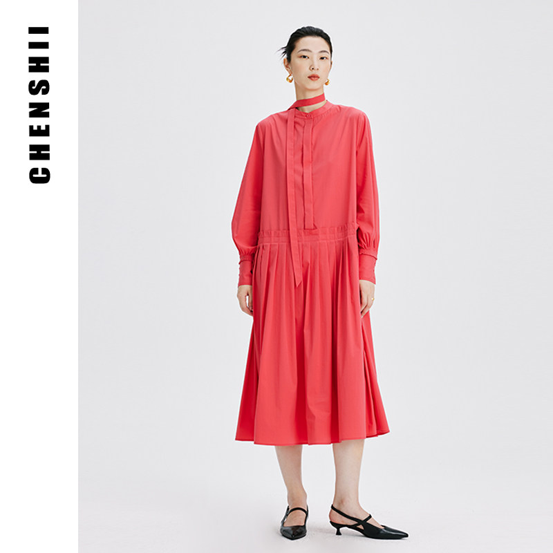 CHENSHII官方 2026秋季新款时尚设计感长袖百褶阔摆连衣裙女