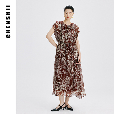 CHENSHII官方 2025夏装新款花色圆领褶饰系带桑蚕丝短袖连衣裙