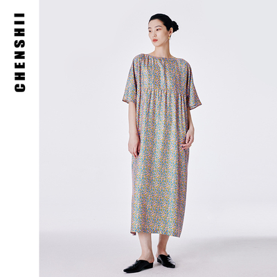 CHENSHII官方 2025夏季新款桑蚕丝花色连肩袖短袖连衣裙