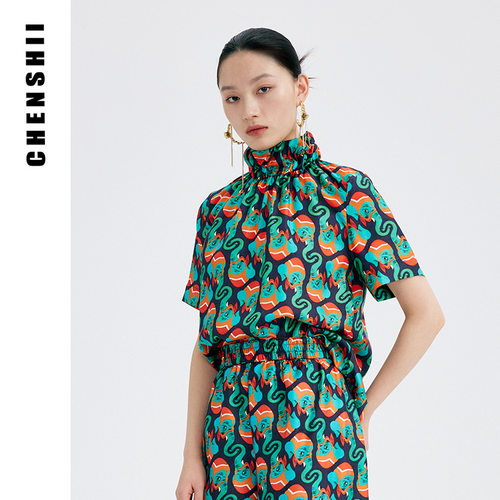 高领真丝印花T恤CHENSHII